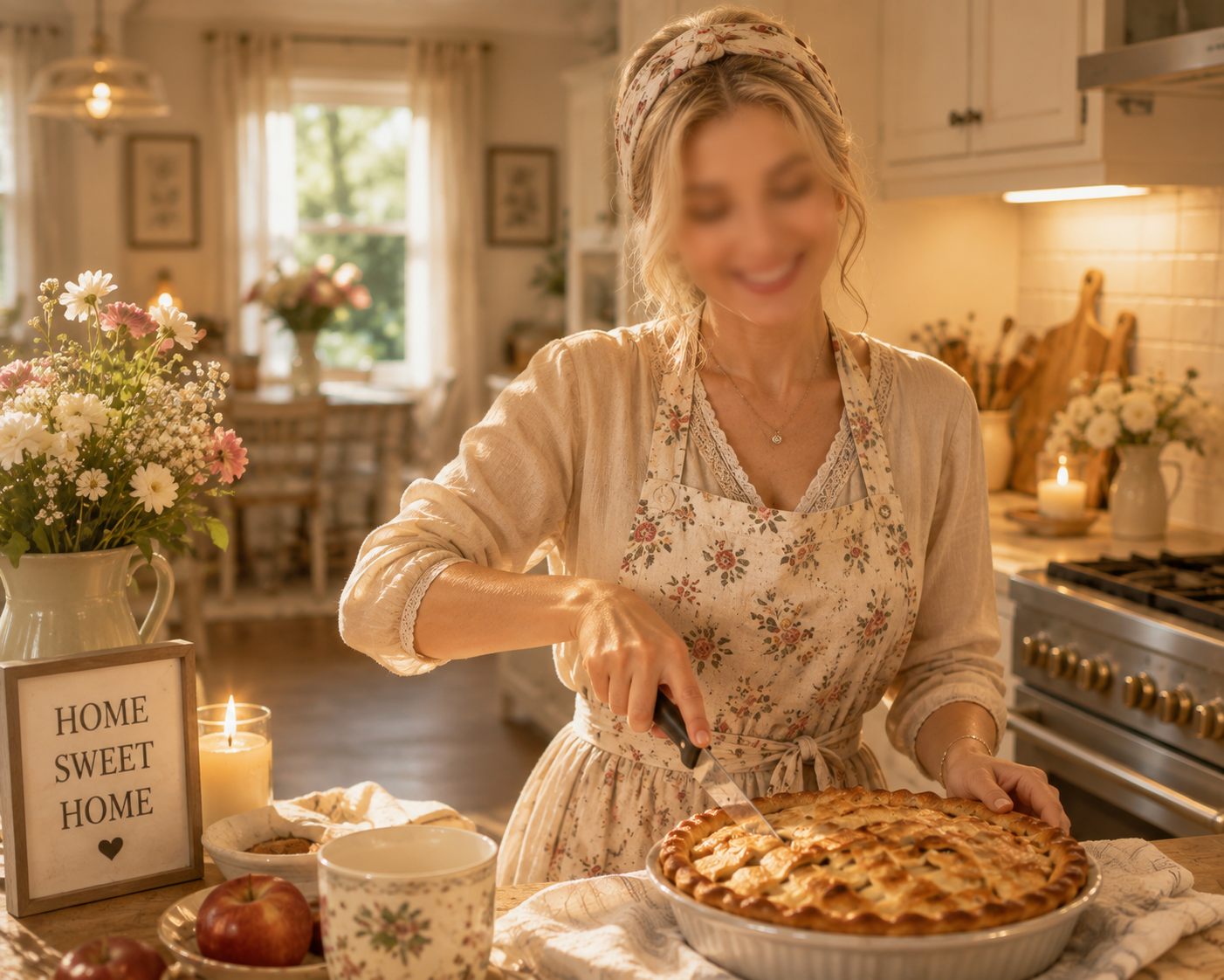 A beautiful loyal wife in a warm kitchen, baking pies