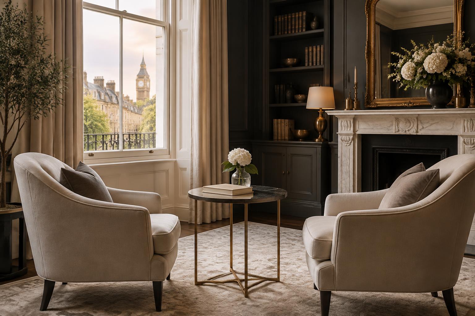 A discreet private consultation room with soft ivory chairs and London beyond the window